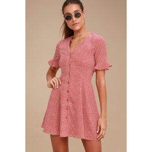Lulus Castana Rust Red Print Button-up Dress - Size S